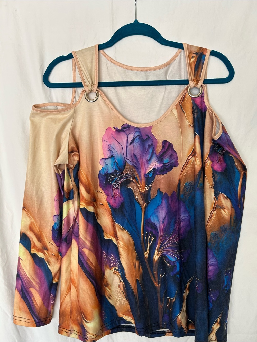 Floral Cold Shoulder Top Large Blue Purple Gold Ring Detail